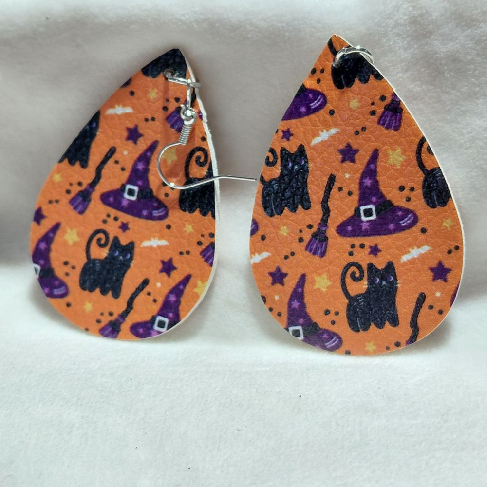Women's Unbranded Halloween Cat Witch Hat Drop Earrings Orange Black